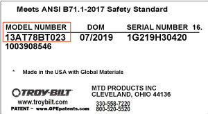 Where to Find Model Number on Troy Bilt Lawn Mower